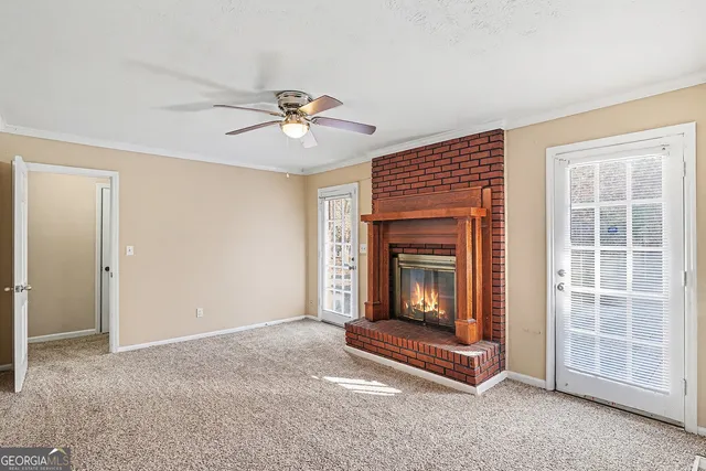 a living room with a fireplace