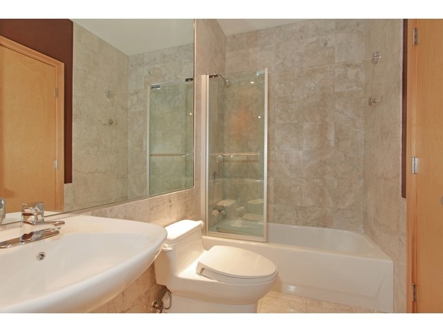 2101 West Rice Street, Unit 301 Chicago, IL 60622 - Photo 9 of 13 a bathroom with a sink a toilet and shower