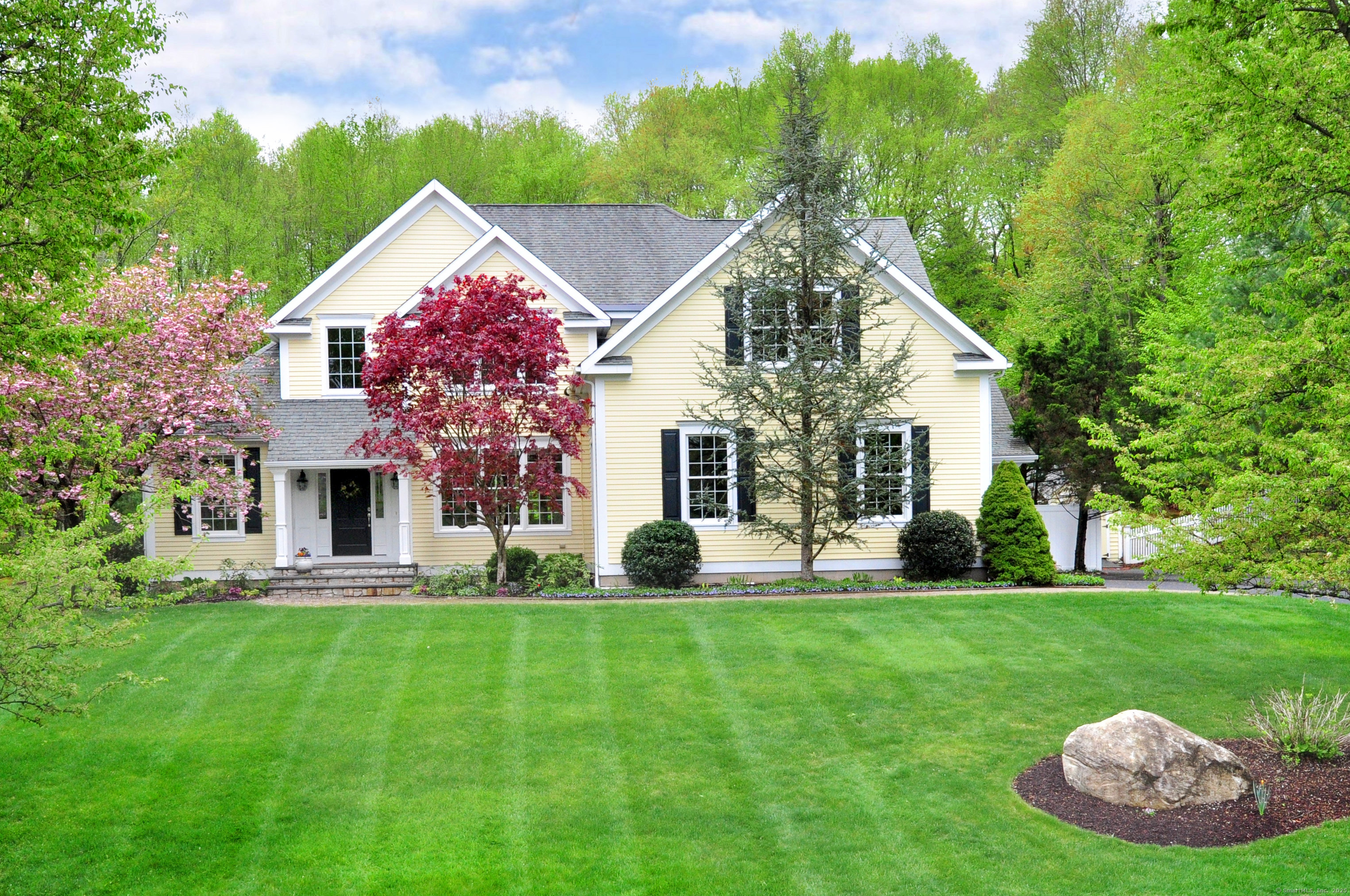 a front view of house with yard and green space