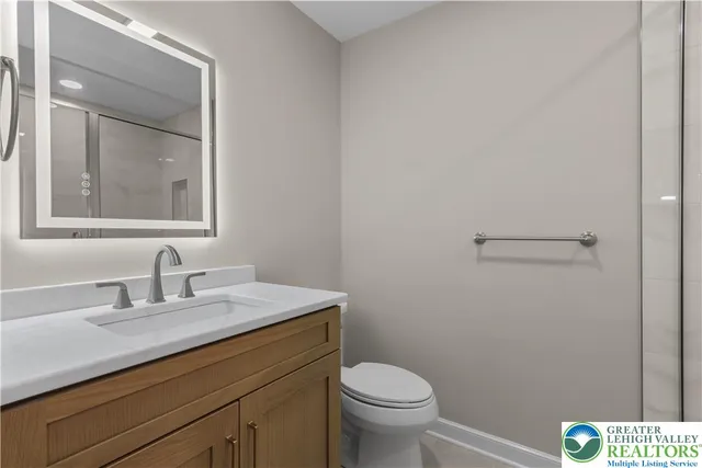 a bathroom with a sink a toilet and mirror