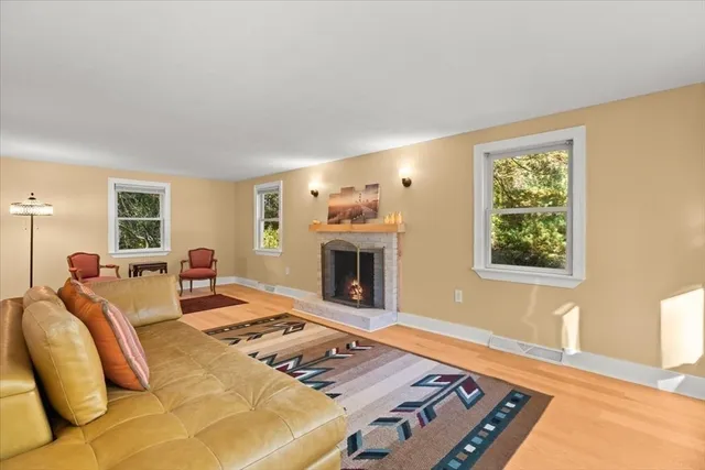 a living room with furniture rug and a fireplace