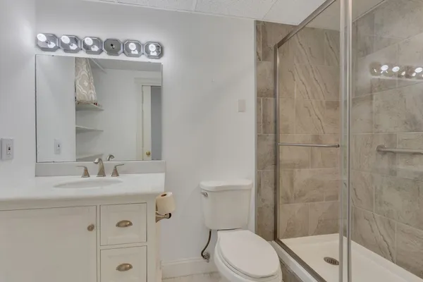 a bathroom with a shower and toilet