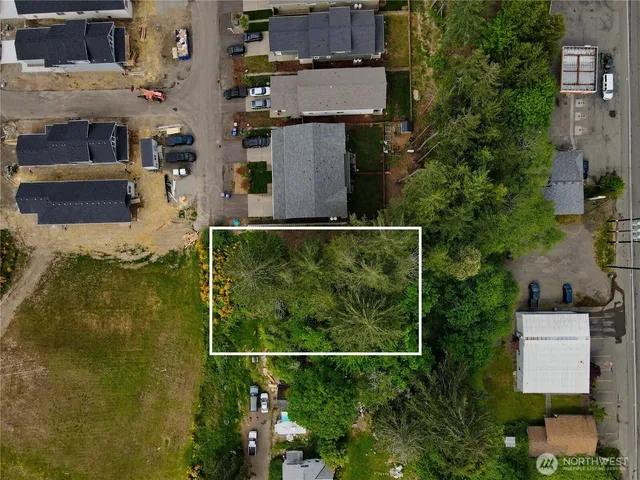 an aerial view of residential houses with outdoor space and street view
