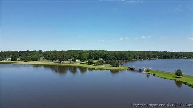 a view of a lake with houses in the back