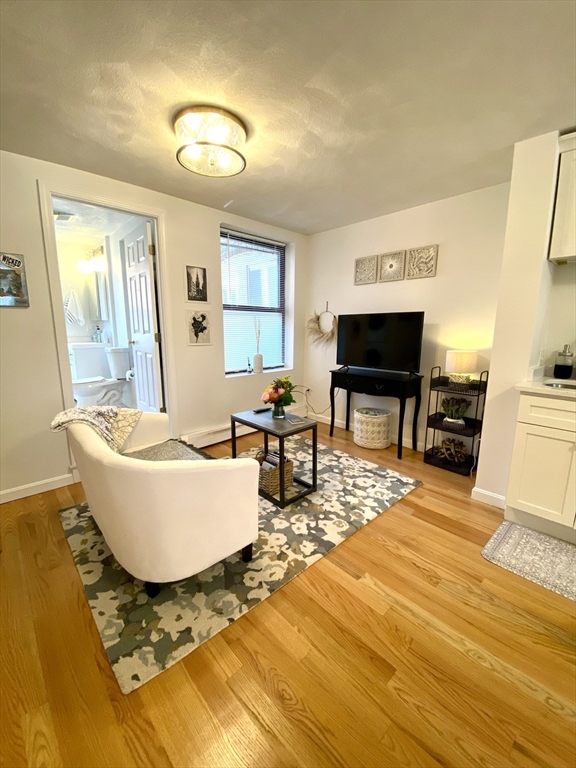24 Charter Street, Unit 3 Boston, MA 02113 - Photo 6 of 9 a living room with couches and a flat screen tv with kitchen view