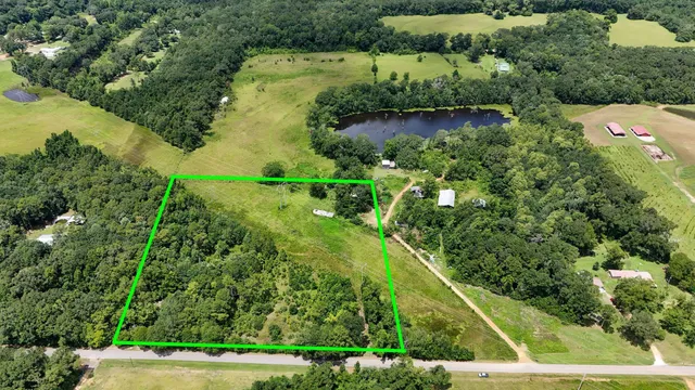 an aerial view of residential houses with outdoor space and trees
