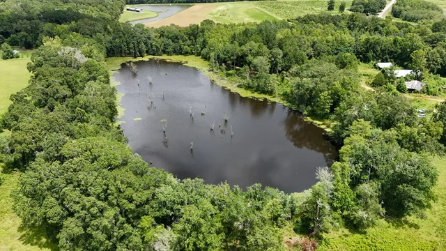 an aerial view of a house with pool and yard