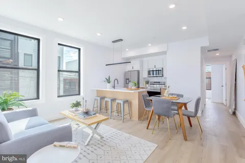 a living room with dining room and kitchen view