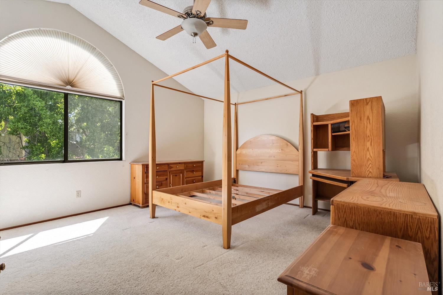 7408 Maximillian Place Rohnert Park, CA 94928 - Photo 12 of 19 Spacious primary suite featuring soaring vaulted ceilings and expansive windows that fill the room with natural light. The generous layout creates a bright and airy retreat, while the oversized walk-in closet offers exceptional storage and organization space.
