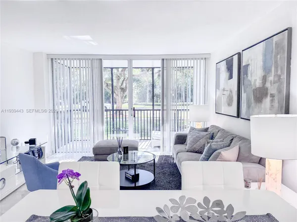 a living room with furniture and a large window with outer view