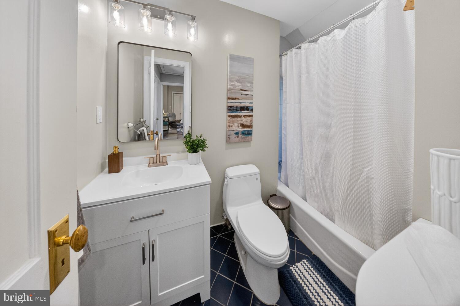 4529 38th Street Northwest Washington, DC 20016 - Photo 21 of 32 a bathroom with a sink a toilet and shower curtain