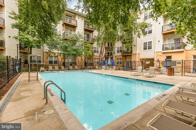 a view of swimming pool with outdoor seating and covered with trees