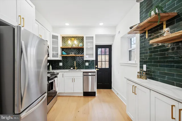 a kitchen with stainless steel appliances a stove a microwave and a refrigerator