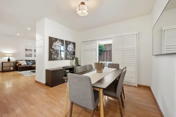 a view of a dining room with furniture window and wooden floor