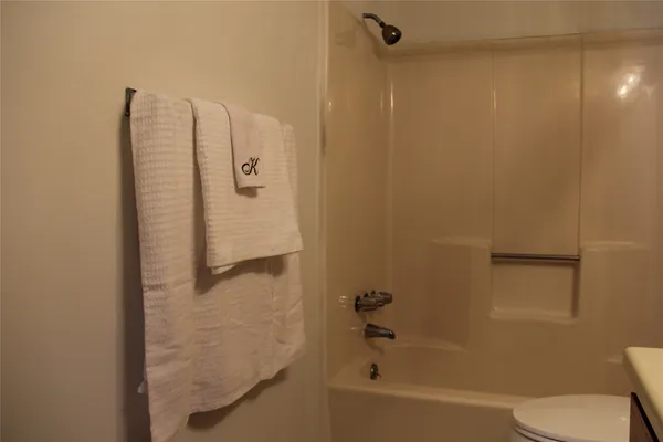 a bathroom with a shower and a toilet