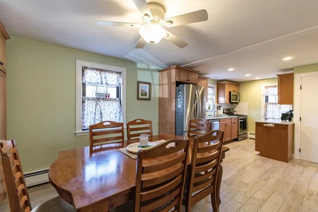 a view of a dining room with furniture