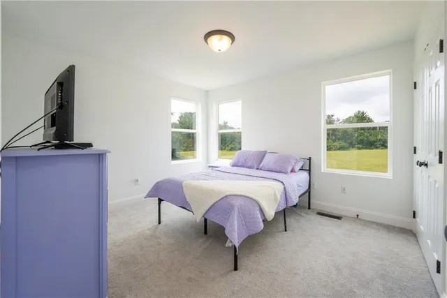 a bedroom with a bed and a flat tv screen on the dresser