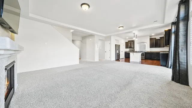 a view of a kitchen with furniture and a fireplace
