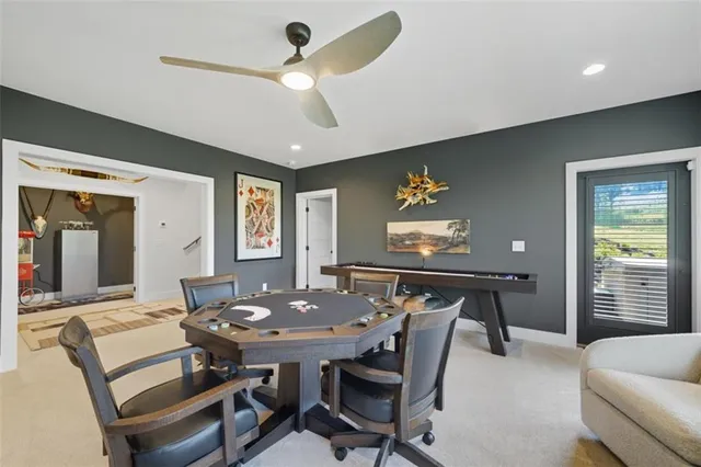 a view of a dining room with furniture
