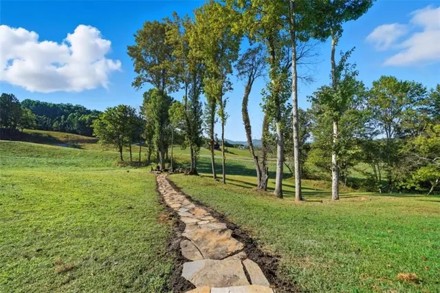 a view of a table and chairs in the garden