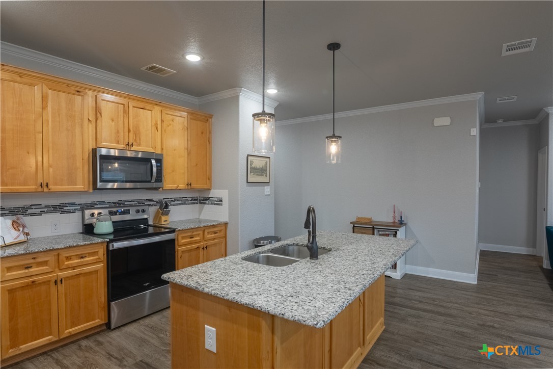 7909 McCulloch Road Temple, TX 76502 - Photo 19 of 46 a kitchen with stainless steel appliances granite countertop a sink a stove and a wooden floors