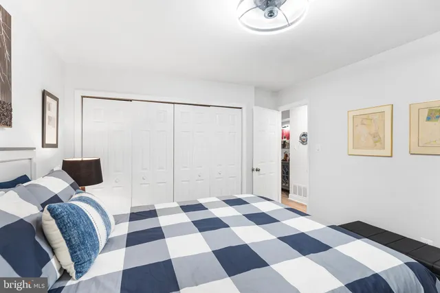 a view of a bedroom with a bed and glass door