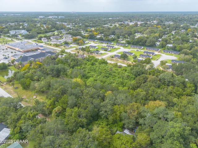 an aerial view of residential houses with outdoor space and trees