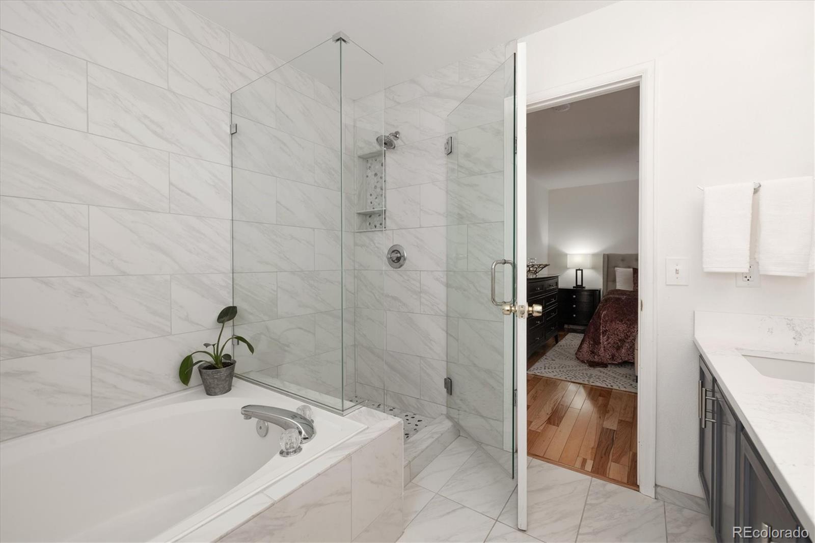 1191 Riddlewood Lane Highlands Ranch, CO 80129 - Photo 20 of 33 a bathroom with a bathtub and a shower