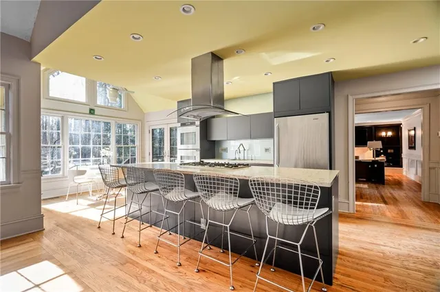 a view of a dining room with furniture