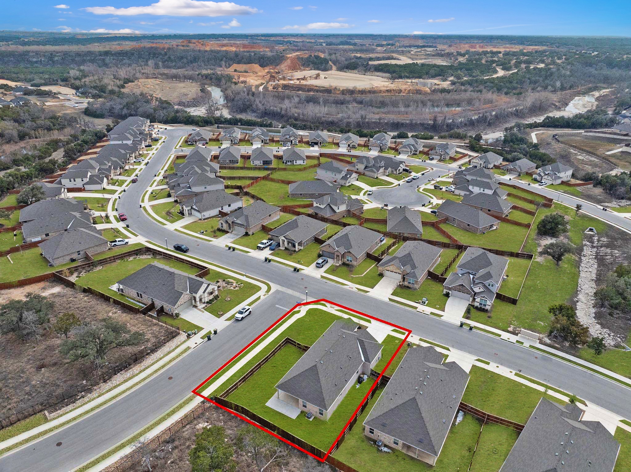 309 Barton Run Drive Georgetown, TX 78628 - Photo 29 of 35 Aerial perspective of suburban area with property boundaries highlighted