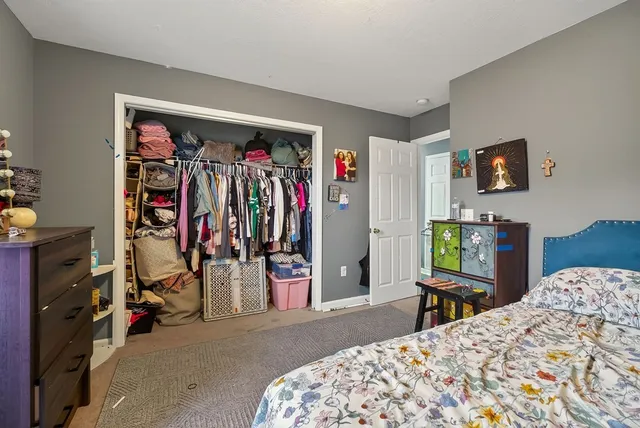 a bed room with a bed a desk and a closet