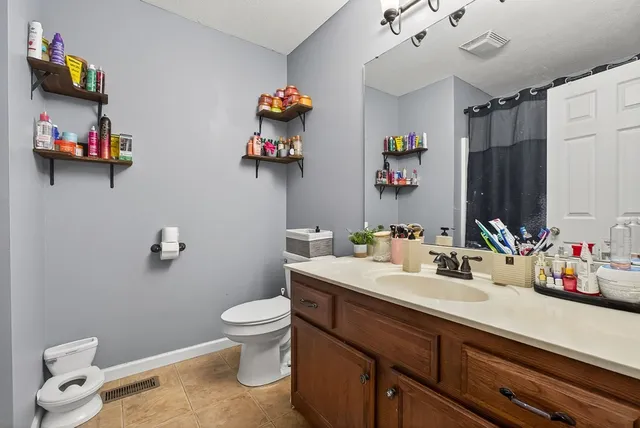a bathroom with a sink mirror and toilet