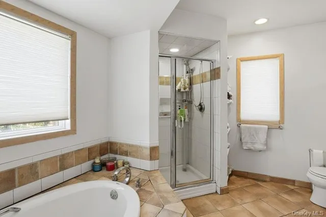 a bathroom with a tub shower and a toilet