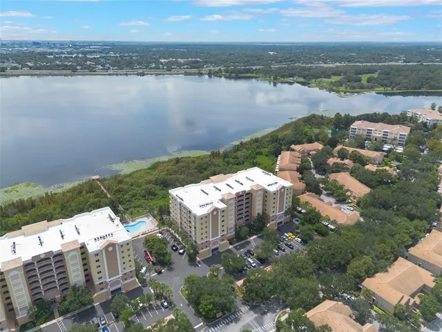 a view of a lake in middle of the town