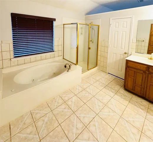 a bathroom with a bathtub and a shower