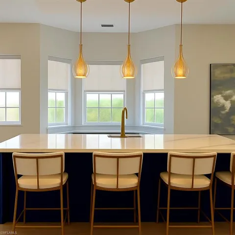 a room with a table chairs and a window