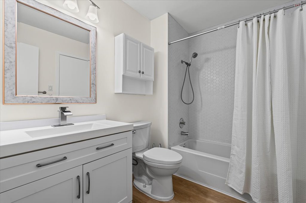 1748 Ohlen Road, Unit 75 Austin, TX 78757 - Photo 21 of 33 Full bath with shower / bath combo with shower curtain, light wood-style flooring, and vanity