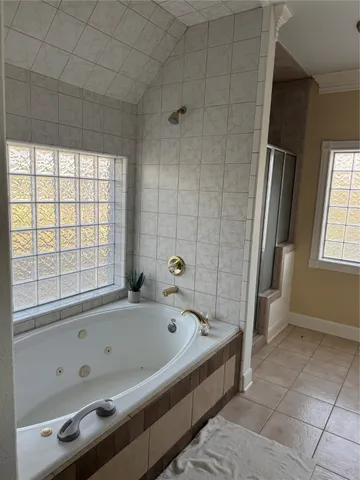 a bathroom with a bathtub and shower