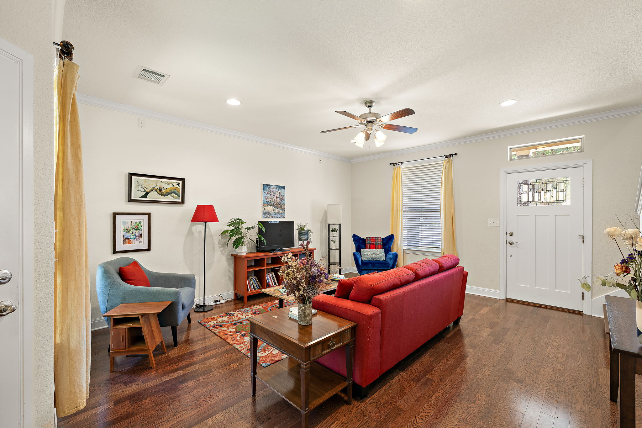 6708 Menchaca Road, Unit 10 Austin, TX 78745 - Photo 8 of 28 Living area featuring wood-finish flooring, recessed lighting, and a ceiling fan