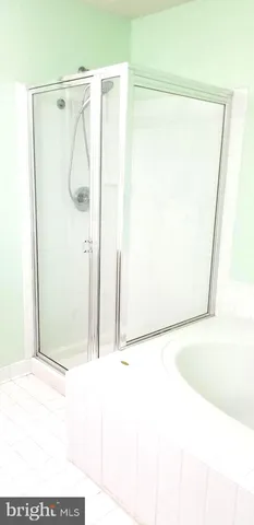 a bathroom with a shower and a glass door