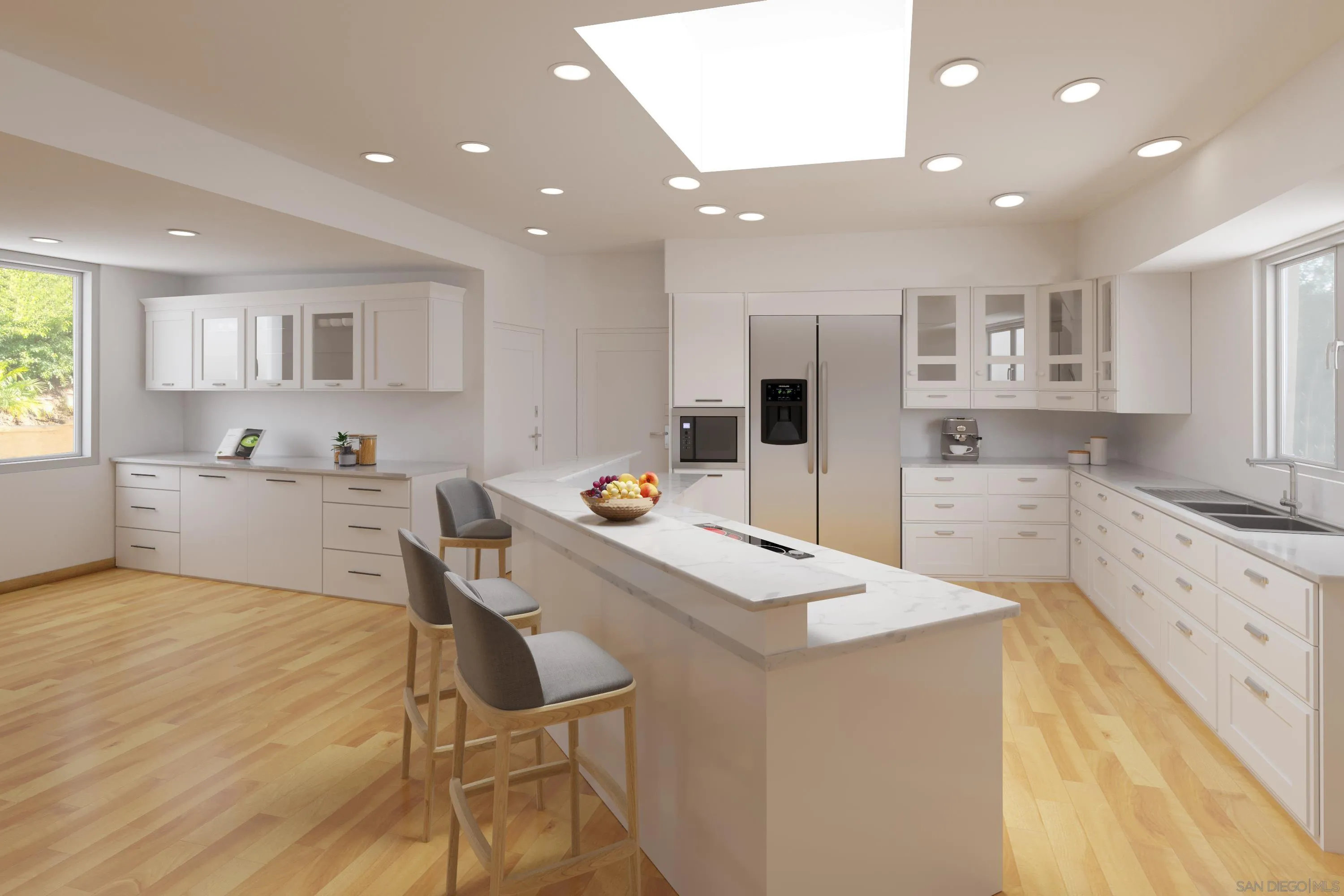 459 Flores De Oro Rancho Santa Fe, CA 92067 - Photo 13 of 25 a kitchen with a sink a stove a refrigerator and white cabinets with wooden floor