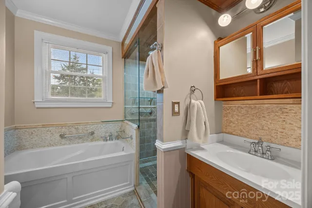 a bathroom with a tub sink and mirror