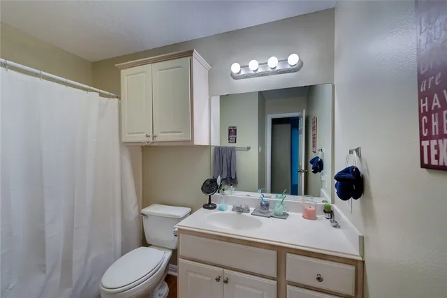 a bathroom with a sink a toilet and mirror