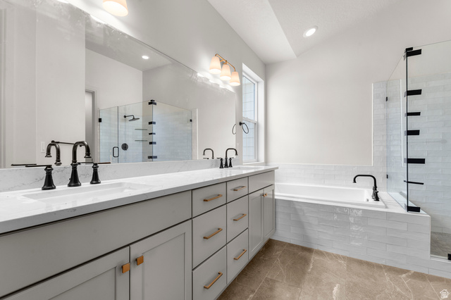 11718 South Halls Crk Road Draper, UT 84020 - Photo 20 of 28 Full bath with a garden tub, double vanity, a shower stall, and recessed lighting