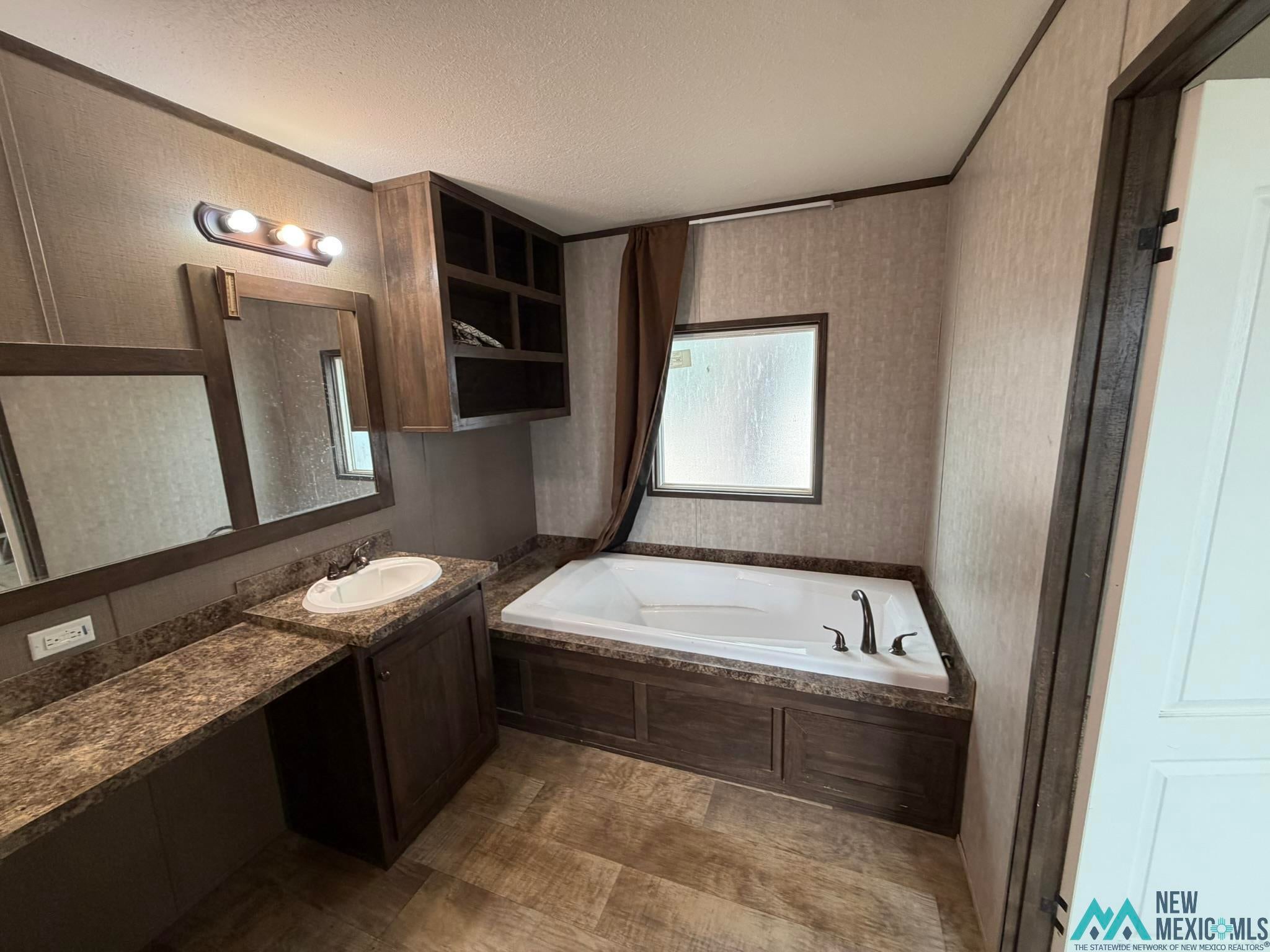 801 Riata Road Carlsbad, NM 88220 - Photo 32 of 39 Bathroom featuring a built-in soaking tub, wood-finish vanity with an integrated sink, coordinating countertop, and wall-mounted mirrors