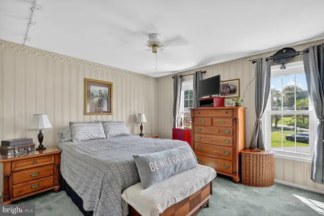 a bedroom with a bed and furniture