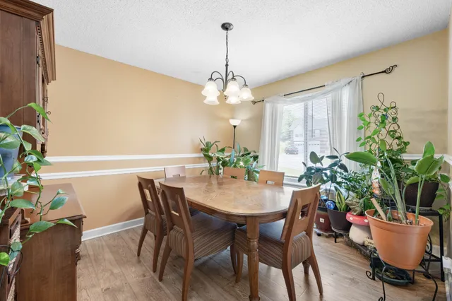 a dining room with furniture and potted plants