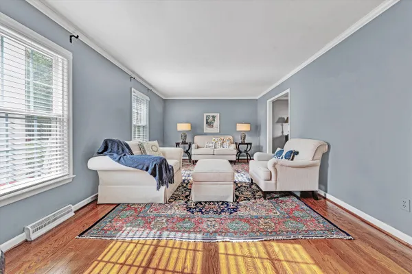 a living room with furniture and a rug