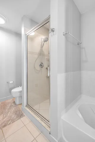 a bathroom with a shower and a toilet
