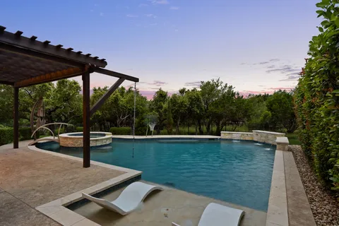 a view of a swimming pool with a patio and a garden
